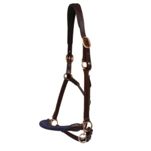 Cabezada de cuadra de Cuero marrón oscuro con muserola de Cuerda y hebillas en Oro Rosa Pariani