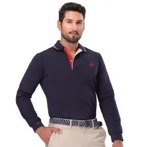 Polo de golf térmico elástico azul marino, detalles en blanco y rojo, hombre Oferta caliente