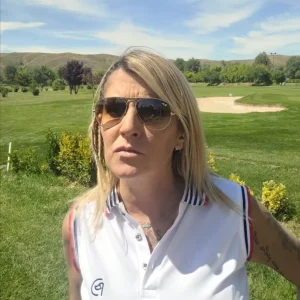 Polo técnico golf blanco, cuello rayas, mujer