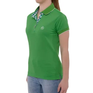 Polo técnico golf verde, detalles cuadros blancos, mujer